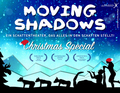 Plakat für „Moving Shadows: Christmas Special“ mit Schattentheaterfiguren als Rentiere und Weihnachtsmann unter Schneeflocken.