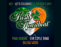 Herz in irischen Farben mit Kleeblatt und der Aufschrift 'Irish Heartbeat'. Namen: Yann Honoré, Eva Coyle Band, Billow Wood.