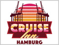 Logo mit der Aufschrift 'Cruise Inn Hamburg' vor einem stilisierten Sonnenuntergang und Kränen im Hintergrund.