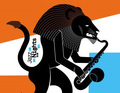Ein stilisierter schwarzer Löwe spielt Saxophon, vor einem orange-weißen Hintergrund. Text: 'Jazz Nights 2018'.