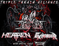 Poster der 'Triple Thrash Alliance'-Tour, zeigt Bandnamen in metallischem Stil vor einem Hintergrund mit Dämonenmotiv.