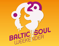 Grafik mit stilisiertem Profil einer Person, Zahl '20' oben, Text 'Baltic Soul Weekender' in lila auf orangefarbenem Hintergrund.
