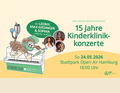 Illustration eines Bären am Klavier, Text: '15 Jahre Kinderklinik-Konzerte', 24.05.2026, 18:00 Uhr, Stadtpark Hamburg.