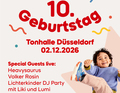 Buntes Plakat: '10. Geburtstag', Tonhalle Düsseldorf, 02.12.2026. Kind lächelt, lädt zu Live-Auftritten ein, inkl. Heavysaurus.