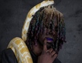 Eine Person mit bunten Dreadlocks und lila Lippen trägt eine große helle Schlange auf den Schultern vor einem dunklen Hintergrund.