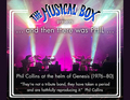 Bühne im bunten Licht mit Band-Silhouetten; Text oben: „The Musical Box... and then there was PHIL... Phil Collins bei Genesis.“