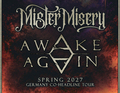 Plakat für die Mister Misery und Awake Again Co-Headline Tour in Deutschland, Frühling 2027. Hintergrund in dunklen Rottönen.