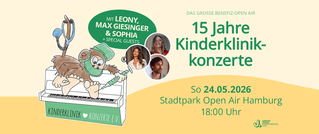 Ein Cartoon-Affe spielt Klavier mit Text: '15 Jahre Kinderklinik-Konzerte' am 24.05.2026, 18:00 Uhr, Stadtpark Hamburg.