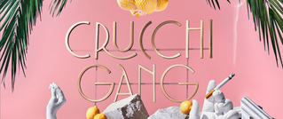 Ein rosa Hintergrund mit dem goldenen Schriftzug 'CRUCCHI GANG'. Darunter weiße Skulpturen, Zitronen und eine Zigarette. Palme links und rechts.