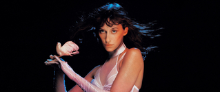 Eine Person posiert mit einem rosa Handschuh und einer kleinen Taube auf dem Finger. Der Hintergrund ist dunkel.