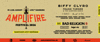 Plakat für das Amplifire Festival 2026 in Hamburg, 7.-9. August. Bands: Biffy Clyro, Frank Turner, Bad Religion und mehr.