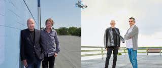 Zwei nebeneinander montierte Fotos: Links stehen zwei Männer vor einer blauen Wand, rechts stehen zwei Männer auf einem Holzsteg.
