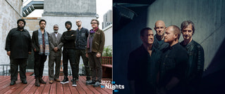 Zwei Gruppenporträts nebeneinander auf Holzplattformen, unter dem Logo 'Jazz Nights'. Unterschiedliche Personen in jeder Gruppe.