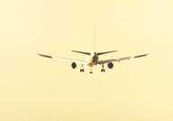 Ein Flugzeug fliegt bei Sonnenuntergang frontal in den Himmel. Man sieht die Tragflächen und das Fahrwerk.