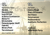 Line-up-Ankündigung für ein zweitägiges Musikfestival am 12. und 13. mit Bands wie Hocico, Neuroticfish, Camouflage, Diary Of Dreams und weiteren. Veranstaltungen finden in der Markthalle, MarX und im Stadtpark statt. Aftershow-Party in der Markthalle. Im Hintergrund sind Kräne und ein Kompass-Rosen-Design sichtbar.