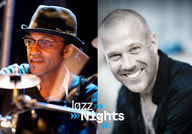 Zwei Männer auf einem geteilten Bild: links trommelnd mit Hut und Brille, rechts lächelnd, darunter der Text 'Jazz Nights'.