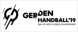 Logo der Handball-WM 2019: Abstrakte Linienform und Text 'GER/DEN HANDBALL '19, 26th IHF Men's World Championship'.