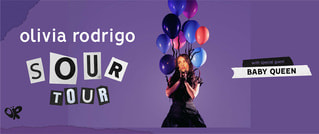 Frau in schwarzem Kleid mit bunten Ballons vor lila Hintergrund. Text: 'Olivia Rodrigo Sour Tour' und 'with special guest Baby Queen'.
