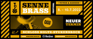 Plakat für das Senne Brass Festival 2022 in Schloss Holte-Stukenbrock, mit neuem Termin: 8.-10. Juli. Enthält das Motto 'Tuten & Tanzen'.