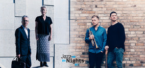 Zwei Personen links, eine Frau und ein Mann, stehen vor einer hellen Wand. Rechts zwei Männer, einer hält eine Trompete, vor Ziegelwand. Text: 'Jazz Nights'.