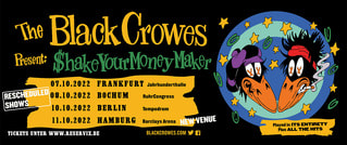 Plakat für 'The Black Crowes' Tour 2022 mit Terminen in Frankfurt, Bochum, Berlin, Hamburg. Comic-Krähen als Motiv.