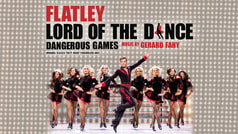 Tänzer in schwarzer Kleidung führen eine Choreografie vor, der Hintergrund zeigt den Titel 'Lord of the Dance: Dangerous Games'.