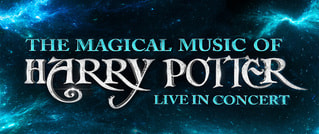 Text auf dem Bild: 'The Magical Music of Harry Potter: Live in Concert' vor einem Hintergrund mit blau-grünen Nebeln.
