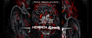 Poster mit Drachen und Dämonen in Rot und Schwarz. Texte: 'Triple Thrash Alliance', 'Evil Invaders', 'Heathen', 'Skeletal Remains'.