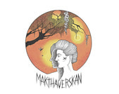 Illustration: Eine Frauenfigur vor Sonnenuntergang mit Bäumen und Vögeln, darüber steht 'Makthaverskan' in dekorativer Schrift.