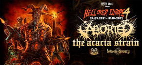 Fantasy-Kreatur mit Hörnern und Gewehr vor feurigem Hintergrund, daneben Text zu 'Hell Over Europe 4' mit Bands und Daten.