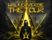 Ein Mensch in dunkler Kleidung steht vor einem leuchtenden, futuristischen Stadtbild. Der Text darüber lautet: 'Walkerverse The Tour'.