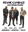 Vier Männer posieren nebeneinander. Text oben: 'Frank Gambale All-Star Band'. Unten: 'Europe Spring 2023'.
