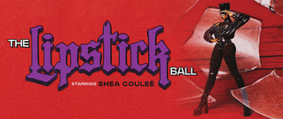 Rotes Poster mit dem Text 'The Lipstick Ball'. Eine Person in schwarzem Outfit und Hut steht selbstbewusst rechts im Bild.
