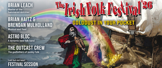 Plakat zum Irish Folk Festival '36: Pirat mit Regenbogen, goldener Topf und Musiker-Namen. Slogan: 'Goldust in Your Pocket'.