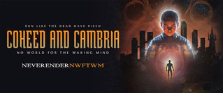Plakat mit Text 'Coheed and Cambria: No World for the Waking Mind'. Kindergesicht vor Stadt-Silhouette und kosmischem Hintergrund.