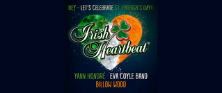 Herz in irischen Farben mit Kleeblatt, Schriftzug 'Irish Heartbeat.' Namen darunter: Yann Honoré, Eva Coyle Band, Billow Wood.