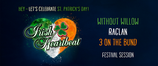 Banner für ein St. Patrick's Day Event mit der Aufschrift 'Irish Heartbeat'. Eine grüne Kleeblattgrafik ist in einem Herz integriert.