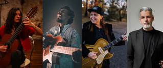 Vier Personen mit Gitarren: Eine Frau mit rotem Oberteil, ein Mann in blauem Hemd, eine Person mit Mütze im Freien und ein Mann im Anzug.