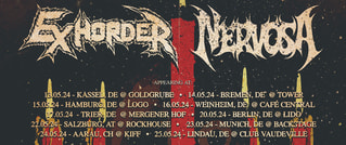 Bandlogos von Exhorder und Nervosa vor abstraktem Hintergrund. Darunter Tourdaten für Mai 2024 in Deutschland, Österreich und der Schweiz.