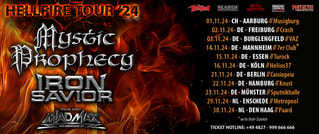Tourposter der 'Hellfire Tour '24' von Mystic Prophecy, Iron Savior und Mad Max, mit Tourdaten in Deutschland, Schweiz und Niederlande.