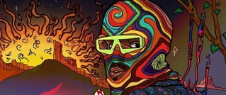 Farbenfrohe Illustration einer Person mit gemustertem, regenbogenfarbenem Gesichtsschleier und Brille, vor einer surrealen, flammenden Landschaft.