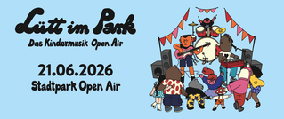 Illustration: Tiere musizieren auf einer Bühne beim 'Lütt im Park' Kindermusik Open Air. Datum: 21.06.2026, Ort: Stadtpark Open Air.